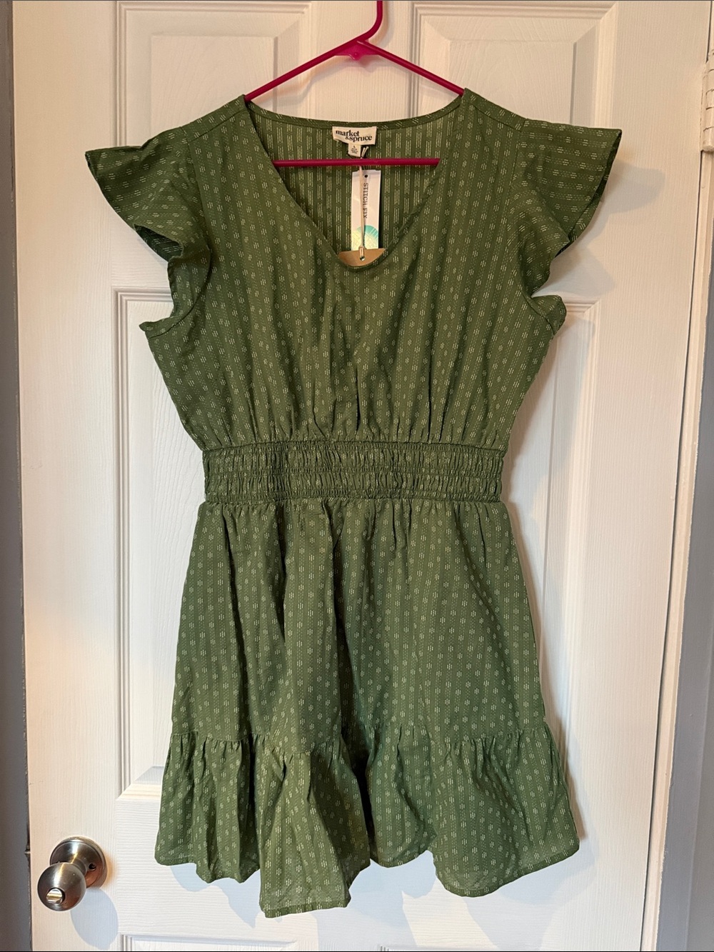 Market & Spruce Olive Green Smocked Waist Ruffle Sleeve Dress